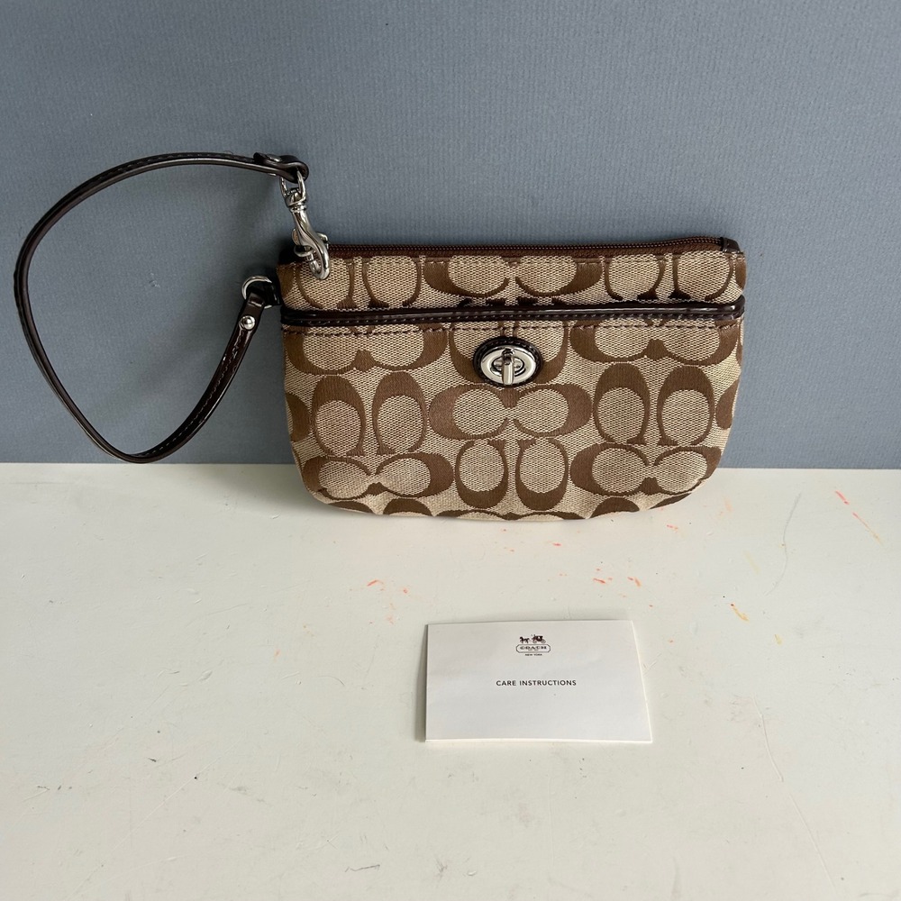 Y2k Coach Signature C Monogram Canvas Wristlet Khaki Brownβ Turnlock Mini Bag